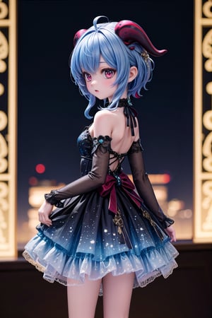 1girl, solo_female, full body view of Ganyu_Impact, horns, blue hair, show me your beautiful alternate costume, blurry_background, HDR, 32k UHD, insane detailed, bright blue dress, multicolored dress, black dress, blue dress, show me your back,