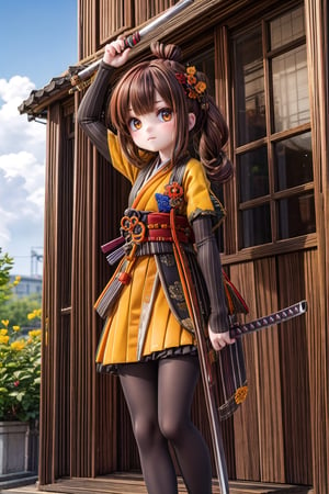 Chiori_Impact, outdoor, 1girl, solo, is located near Inazuma, shows me your katana, holding katana in right hand and holding katana in left hand, chiori style, show me your holding katanas, bangs,