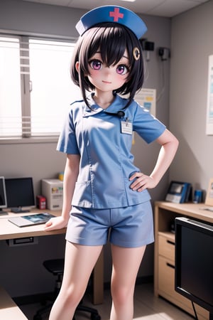 (masterpiece), best quality, HDR, 32k UHD, Ultra realistic, highres, highly detailed, ultra_hd, high resolution, ultra_detailed, hyper realistic, extemely detailed background, detailed_background, complex_background, depth_of_field, extremely detailed and complex, child size, (12 years old), little Nurse Qiqidef (full body view of lora:qiqi:1) in her white hospital uniform and nurse cap, nurse, nurse cap, hat, short sleeves, dress, white shorts, hair between eyes, stands in a dynamic pose in a operation room, hospital room, happy_face, tantei1_nurse, complete hospital equipment in the background, realism pushed to extreme, fine texture, petite, very cute, naughty, adorable girl, creating an atmosphere in a operation hospital room, 