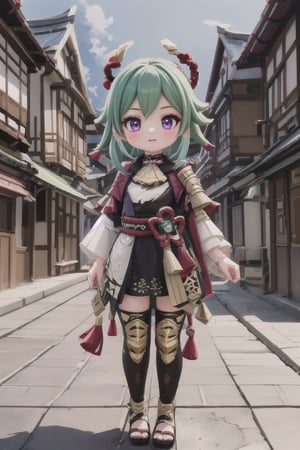 1girl, solo_female, purple eyes, green hair, Kuki Style, full body view, is located in Mondstadt, the City in Genshin Impact, cheeky and sweet, (masterpiece), best quality, HDR, 32k UHD, Ultra realistic, highres, highly detailed, ultra_hd, high resolution, ultra_detailed, hyper realistic, extemely detailed background, detailed_background, complex_background, depth_of_field, extremely detailed and complex,