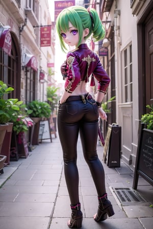 (full body view of KukiS), purple eyes, green hair, 1girl, solo_female, 23 years old woman, blurry_background, stomach, show me your back,
