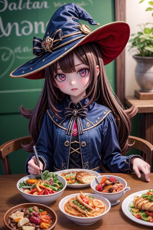 1girl, solo, Mona_Impact, 25 years old girl, witch hat, on vacation in Netherlands, let's eat lunch,