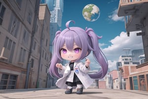 In a vibrant pink and blue hue-drenched frame, Little Hotafodef and Little Clorinde, dressed in matching lab coats, strike a pose reminiscent of Pinky and the Brain. Hotafodef's goofy grin radiates across her face, while Clorinde's eyes gleam with genius-level intensity. The cityscape background recedes into distance, with a giant globe and scientific instruments scattered about. Little Hotafodef and Little Clorinde grasp a miniature world map, their paws poised as if plotting their next diabolical scheme amidst the colorful chaos.