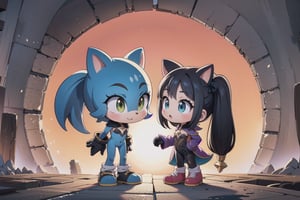 Here's a prompt based on your input:

Create an image of Monadef and Sonic the Hedgehog standing together against the warm orange sky of Looney's sun-kissed backdrop. The dark figures of the duo are silhouetted sharply against the vibrant colors, with Sonic's bright blue spikes and fiery red shoes standing out against the weathered gray stone. Rendered in breathtaking 32K UHD, the characters' forms seem to vibrate with kinetic energy, as if ready to burst forth from the frame at any moment. The composition captures the dynamic duo's united stance, frozen in a moment of anticipation.