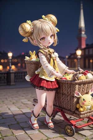 Yaoyao_Impact, full_body, blurry_background, loli, hug stuffed rabbit with 2 hands, outdoor, yellow rabbit, 1girl, solo_female, dynamic pose, holding, sleigh bell, hair bell, hair bun, double bun,