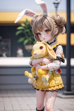 Yaoyao_Impact, full_body, blurry_background, loli, hug stuffed rabbit with 2 hands, outdoor, yellow rabbit, 1girl, solo_female, yaoyao style, brown hair, brown eyes, short hair,