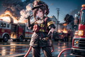 chiori, the fire chief, stands next to her fire engine in full firefighter uniform: helmet, coat, trousers and gloves. In her right hand she holds a fire hose, the camera captures her in full size, with the fire truck in the background, casting a warm light on her determined face. show yourself to me in full firefighter uniform