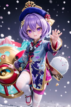 (full body of Qiqi_impact), 1girl, solo_female, in snow, purple eyes, full_body, purple headwear, hat, purple hair, hair between eyes, better hands, flat_background, chinese clothes, bandaged leg, bead necklace, coin hair ornament, dress, white thighhighs, blurry_background, cheeky and sweet,