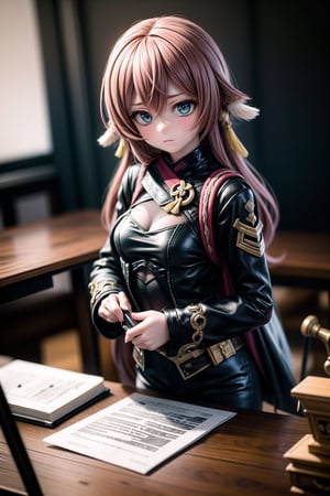 A solemn-faced yanfeidef stands tall in a dimly lit courtroom, her eyes piercing through the shadows as she holds aloft a gavel. Her dark sexy skin-tight suit and stern expression command respect, as if ready to dispense wisdom and justice. The wooden desk behind her is cluttered with files and papers, while the walls are adorned with ancient legal texts. photorealistic,