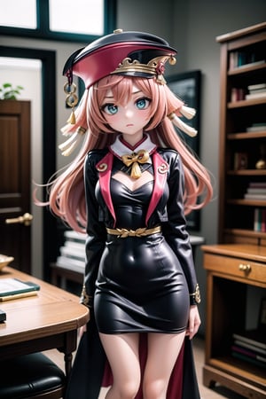 A solemn-faced yanfeidef stands tall in a dimly lit courtroom, her eyes piercing through the shadows as she holds aloft a gavel. Her black white sexy suit and stern expression command respect, as if ready to dispense wisdom and justice. The wooden desk behind her is cluttered with files and papers, while the walls are adorned with ancient legal texts. photorealistic,