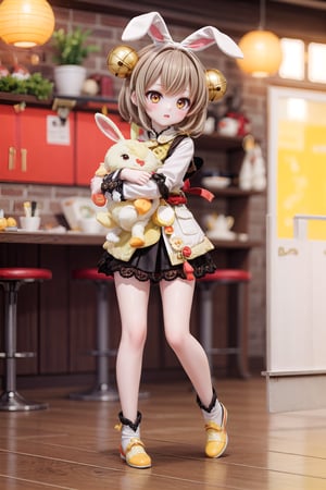 Yaoyao_Impact, full_body, blurry_background, loli, hug stuffed rabbit with 2 hands, outdoor, yellow rabbit, 1girl, solo_female, yaoyao style, brown hair, brown eyes, short hair, hair bell, stuffed bunny,