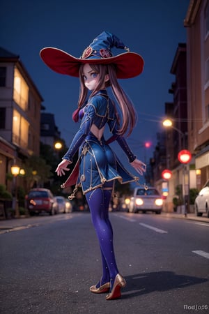 Mona_Impact, full_body, 25 years old girl, blurry_background, show me your back, witch hat,