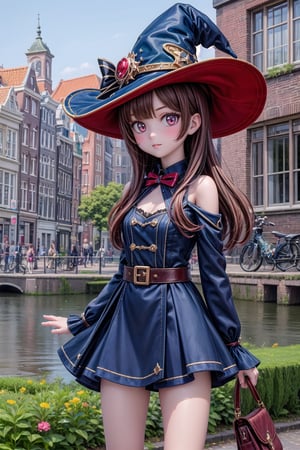 1girl, solo, Mona_Impact, 25 years old girl, witch hat, on vacation in Netherlands, Let's take a city tour of Amsterdam,