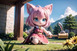 A majestic littlest Amy Rose stands proudly outdoors against a stunningly detailed background, reminiscent of Moebius' whimsical landscapes. Her iconic Sonic-inspired costume shines in Ultra HD, with intricate textures and patterns that seem almost hyper-realistic. The HDR lighting captures the soft glow of sunlight, accentuating her bright blue eyes and vibrant pink hair. As she attacks with her trusty hammer, her movements are fluid and dynamic, set against a richly detailed background featuring fantastical architecture and lush foliage.
