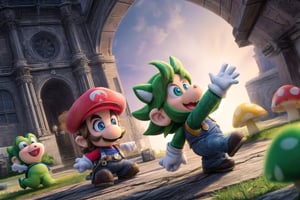 Wriothesley's Mario and Neuvillette's Luigi stand heroically back-to-back, (masterpiece), best quality, HDR, 32k UHD, Ultra realistic, highres, highly detailed, ultra_hd, high resolution, ultra_detailed, hyper realistic, extemely detailed background, detailed_background, complex_background, depth_of_field, extremely detailed and complex, outdoor, creating an atmosphere in (Mushroom Kingdom), creating an atmosphere at (Mushroom Kingdom), show me yourself with your friends (Daisy), (Yoshi), (Toad), (Princess Peach),