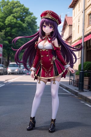 (full body view of Chevreuse_Impact), 1girl, solo_female, dynamic pose, 23 years old girl, outdoor, blurry_background, hat, show me your back, purple_hair, very long hair,