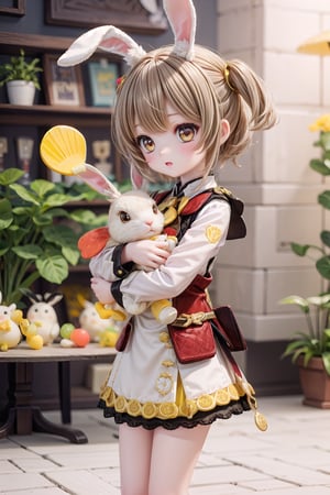 Yaoyao_Impact, full_body, blurry_background, loli, hug stuffed rabbit with 2 hands, outdoor, yellow rabbit, 1girl, solo_female, yaoyao style, brown hair, brown eyes, short hair,