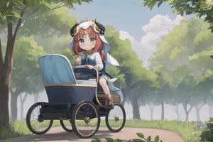 whimsical scene: Little (full body view of Niloudef) rides through the lush landscape of Teyvat in a state-of-the-art Formula 1-style high-speed stroller powered by a Formula 1 engine, putting on a mischievous expression. The warm sunlight casts a golden glow on her cheeky pose and grin as she drives past the viewer. A cloud of dust trails behind her, emphasizing the speed of the fast baby carriage. Framed by bright shades of green and blue, Niloudef's carefree joy radiates from the frame.