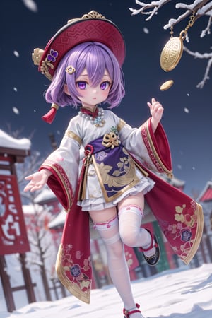 (full body of Qiqi_impact), 1girl, solo_female, in snow, purple eyes, full_body, purple headwear, hat, purple hair, hair between eyes, better hands, flat_background, chinese clothes, bandaged leg, bead necklace, coin hair ornament, dress, white thighhighs, blurry_background,
