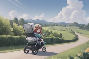 whimsical scene: Little (full body view of Niloudef) rides through the lush landscape of Teyvat in a state-of-the-art Formula 1-style high-speed stroller powered by a Formula 1 engine, putting on a mischievous expression. The warm sunlight casts a golden glow on her cheeky pose and grin as she drives past the viewer. A cloud of dust trails behind her, emphasizing the speed of the fast baby carriage. Framed by bright shades of green and blue, Niloudef's carefree joy radiates from the frame.