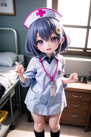 (masterpiece), best quality, HDR, 32k UHD, Ultra realistic, highres, highly detailed, ultra_hd, high resolution, ultra_detailed, hyper realistic, extemely detailed background, detailed_background, complex_background, depth_of_field, extremely detailed and complex, child size, (12 years old), little Nurse Qiqidef (full body view of lora:qiqi:1) in her white hospital uniform and nurse cap, nurse, nurse cap, hat, sleeves, long dress, hair between eyes, stands in a dynamic pose in a operation room, hospital room, happy_face, tantei1_nurse, complete hospital equipment in the background, realism pushed to extreme, fine texture, petite, very cute, naughty, adorable girl, creating an atmosphere in a operation hospital room, 