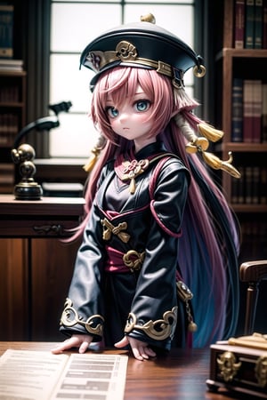 A solemn-faced yanfeidef stands tall in a dimly lit courtroom, her eyes piercing through the shadows as she holds aloft a gavel. Her dark suit and stern expression command respect, as if ready to dispense wisdom and justice. The wooden desk behind her is cluttered with files and papers, while the walls are adorned with ancient legal texts. photorealistic,