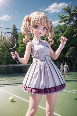 1girl, Barbara_Impact, scenery, extreme adorable girl, cutie, tiny girl, hyper realistic, highres, photography, photorealistic scene, real life, realism pushed to extreme, in France, a very realistic summer morning, (Barbara, we are in Paris now. Let's play a bit tennis on the tennis court. Try to hit the ball correctly with the tennis racket!), extreme realistic facial expression on an very realistic moment, highly detailed, cutest Barbara Style, 