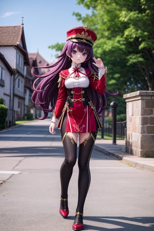 (full body view of Chevreuse_Impact), 1girl, solo_female, dynamic pose, 23 years old girl, outdoor, blurry_background, hat, show me your back, purple_hair, very long hair,