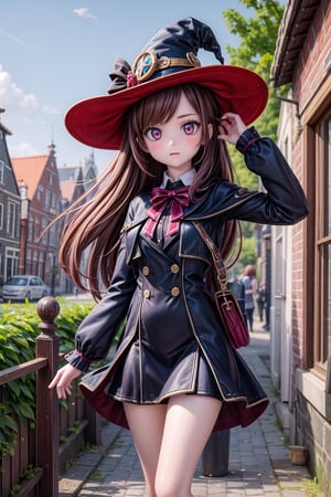 1girl, solo, Mona_Impact, 25 years old girl, witch hat, on vacation in Netherlands, let's eat lunch,