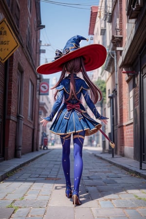 Mona_Impact, full_body, 25 years old girl, blurry_background, show me your back, witch hat,