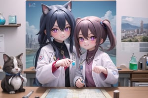 Vibrant pink and blue hues dominate the frame as Little Hotafodef and Little Clorinde, dressed in matching lab coats, pose like Pinky and the Brain. Pinky's (Hotafodef) goofy grin stretches across her face, while Brain's (Clorinde) eyes gleam with genius-level intensity. A cityscape background fades into the distance, with a giant globe and scientific instruments scattered about. The dynamic duo's paws grasp a miniature world map, as if plotting their next diabolical scheme.