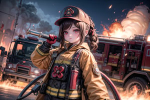 chiori, the fire chief, stands next to her fire engine in full firefighter uniform: helmet, coat, trousers and gloves. She holds a powerful fire hose in her hand as she fights the fire. The camera captures her full size, with the fire in the background, casting a warm, orange light on her determined face. show yourself to me in full firefighter uniform,
