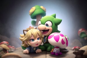 Wriothesley's Mario and Neuvillette's Luigi stand heroically back-to-back, (masterpiece), best quality, HDR, 32k UHD, Ultra realistic, highres, highly detailed, ultra_hd, high resolution, ultra_detailed, hyper realistic, extemely detailed background, detailed_background, complex_background, depth_of_field, extremely detailed and complex, outdoor, creating an atmosphere in (Mushroom Kingdom), creating an atmosphere at (Mushroom Kingdom), show me yourself with your friends (Daisy), (Yoshi), (Toad), (Princess Peach),