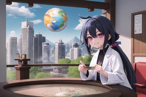 Vibrant pink and blue hues dominate the frame as Little Hotafodef and Little Clorinde, dressed in matching lab coats, pose like Pinky and the Brain. Pinky's (Hotafodef) goofy grin stretches across her face, while Brain's (Clorinde) eyes gleam with genius-level intensity. A cityscape background fades into the distance, with a giant globe and scientific instruments scattered about. The dynamic duo's paws grasp a miniature world map, as if plotting their next diabolical scheme.