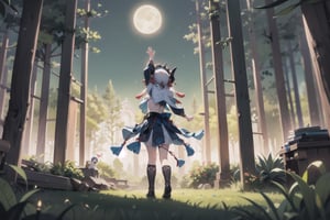 In this hauntingly beautiful scene, little Yunjindef and Niloudef, two 12-year-old girls, stand united in the dark epic forest, where the whispers of werewolves echo through the trees. The faint luminescence emanating from their hands casts an otherworldly glow on their determined faces. The somber moon hangs low, its long shadow stretching across the landscape as the girls hesitate at the threshold of adventure and danger. Treasure lies hidden amidst the lurking shadows, waiting to be uncovered by these brave young explorers.