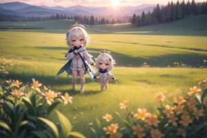 A tranquil Wangsheng Declaration sunset unfolds as Paimondef and lumine_ genshin's whimsical adventure begins. Golden light casts long shadows across the lush grasslands as they venture forth, their gentle smiles and radiant auras aglow. The camera frames their playful poses amidst the warm rays, with intricate details of the setting sun and rolling hills blurred softly in the background.