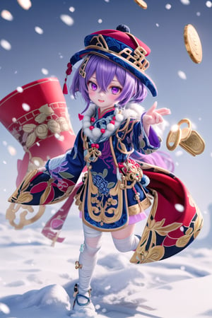 (full body of Qiqi_impact), 1girl, solo_female, in snow, purple eyes, full_body, purple headwear, hat, purple hair, hair between eyes, better hands, flat_background, chinese clothes, bandaged leg, bead necklace, coin hair ornament, dress, white thighhighs, blurry_background, cheeky and sweet,