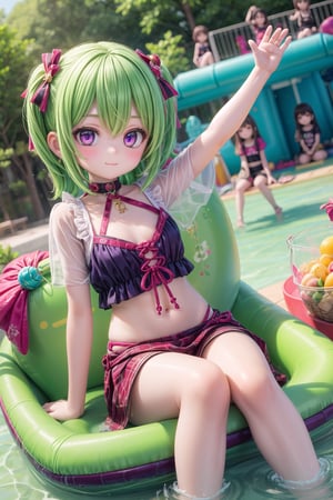 2girls, KukiS, very adorable girl, in a water park, green hair, purple eyes, summer day, scene, nature, cute girl,