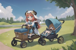 whimsical scene: Little (full body view of Niloudef) rides through the lush landscape of Teyvat in a state-of-the-art Formula 1-style high-speed stroller powered by a Formula 1 engine, putting on a mischievous expression. The warm sunlight casts a golden glow on her cheeky pose and grin as she drives past the viewer. A cloud of dust trails behind her, emphasizing the speed of the fast baby carriage. Framed by bright shades of green and blue, Niloudef's carefree joy radiates from the frame.