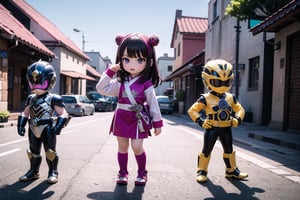 little Yaemikodef as (Power Ranger), (little Power Ranger), show yourself as (little Power Ranger), show me your little (Power Ranger) costume, outdoor, (masterpiece), best quality, HDR, 32k UHD, Ultra realistic, highres, highly detailed, ultra_hd, high resolution, ultra_detailed, hyper realistic, extemely detailed background, detailed_background, complex_background, depth_of_field, extremely detailed and complex, outdoor, little (Zachery Taylor), little (Jason Lee Scott), little (Billy Cranston), little (Trini Kwan), little (Kimberly Ann Hart), little (Jen Scotts), her fierce gaze radiating confidence as she prepares to vanquish evil forces with her little Power Rangers, (Go Go Power Rangers), creating an atmosphere on earth, show yourself with the little Power Rangers, 