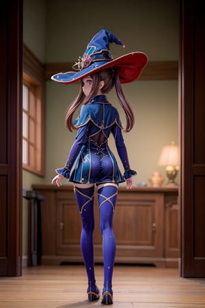 Mona_Impact, full_body, 25 years old girl, blurry_background, show me your back, witch hat,