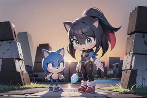 Against the backdrop of the beautiful island of Looney, little Monadef and Sonic the Hedgehog stand defiant, their dark silhouettes etched against a orange sky. Sonic the Hedgehog stands by her side, his blue spikes and red shoes a vivid splash against the dull gray stone. Every detail of their forms is rendered in stunning 32K UHD, as if they might step out of the frame at any moment.