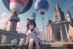 In a vibrant pink and blue hue-drenched frame, Little Hotafodef and Little Clorinde, dressed in matching lab coats, strike a pose reminiscent of Pinky and the Brain. Hotafodef's goofy grin radiates across her face, while Clorinde's eyes gleam with genius-level intensity. The cityscape background recedes into distance, with a giant globe and scientific instruments scattered about. Little Hotafodef and Little Clorinde grasp a miniature world map, their paws poised as if plotting their next diabolical scheme amidst the colorful chaos.