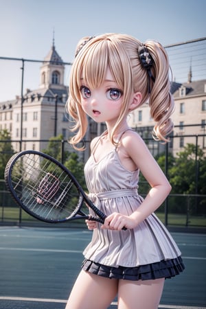 1girl, Barbara_Impact, scenery, extreme adorable girl, cutie, tiny girl, hyper realistic, highres, photography, photorealistic scene, real life, realism pushed to extreme, in France, a very realistic summer morning, (Barbara, we are in Paris now. Let's play a bit tennis on the tennis court. Try to hit the ball correctly with the tennis racket!), extreme realistic facial expression on an very realistic moment, highly detailed, cutest Barbara Style, 