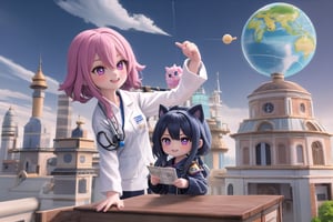 Vibrant pink and blue hues dominate the frame as Little Hotafodef and Little Clorinde, dressed in matching lab coats, pose like Pinky and the Brain. Pinky's (Hotafodef) goofy grin stretches across her face, while Brain's (Clorinde) eyes gleam with genius-level intensity. A cityscape background fades into the distance, with a giant globe and scientific instruments scattered about. The dynamic duo's paws grasp a miniature world map, as if plotting their next diabolical scheme.