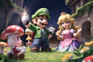 Wriothesley's Mario and Neuvillette's Luigi stand heroically back-to-back, (masterpiece), best quality, HDR, 32k UHD, Ultra realistic, highres, highly detailed, ultra_hd, high resolution, ultra_detailed, hyper realistic, extemely detailed background, detailed_background, complex_background, depth_of_field, extremely detailed and complex, outdoor, creating an atmosphere in (Mushroom Kingdom), creating an atmosphere at (Mushroom Kingdom), show me yourself with your friends (Daisy), (Yoshi), (Toad), (Princess Peach),