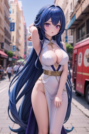 1girl, solo_female, HDR, 32k UHD, insane detailed, blurry_background, bangs, outdoor, Layla_Impact, very long hair, blue hair,