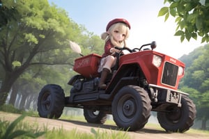 In a whimsical tableau, Klee, her mischievous smile gleaming, grasps the controls of a high-tech ultralight tractor amidst lush Teyvat foliage, its path marked by a trail of destruction. The camera's low vantage point emphasizes the vehicle's robust build and Klee's diminutive stature. Soft, golden light illuminates the juxtaposition between the industrial behemoth and Klee's tousled appearance, her scrappy spirit on full display.