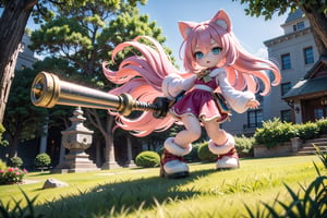 A majestic little Amy Rose stands proudly outdoors against a stunningly detailed background, reminiscent of Moebius' whimsical landscapes. Her iconic Sonic-inspired costume shines in Ultra HD, with intricate textures and patterns that seem almost hyper-realistic. The HDR lighting captures the soft glow of sunlight, accentuating her bright blue eyes and vibrant pink hair. As she attacks with her trusty hammer, her movements are fluid and dynamic, set against a richly detailed background featuring fantastical architecture and lush foliage.