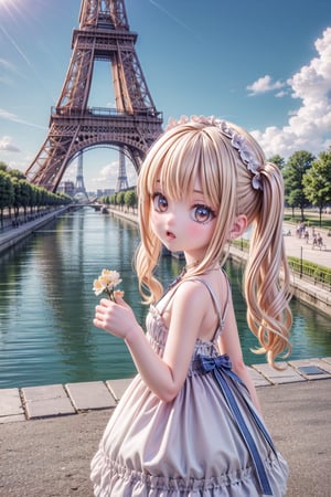 1girl, Barbara_Impact, scenery, extreme adorable girl, cutie, tiny girl, hyper realistic, highres, photography, photorealistic scene, real life, realism pushed to extreme, in France, a very realistic summer morning, (Barbara, we are in Paris now. Let's visit the Eiffel Tower.), extreme realistic facial expression on an very realistic moment, highly detailed, cutest Barbara Style, 